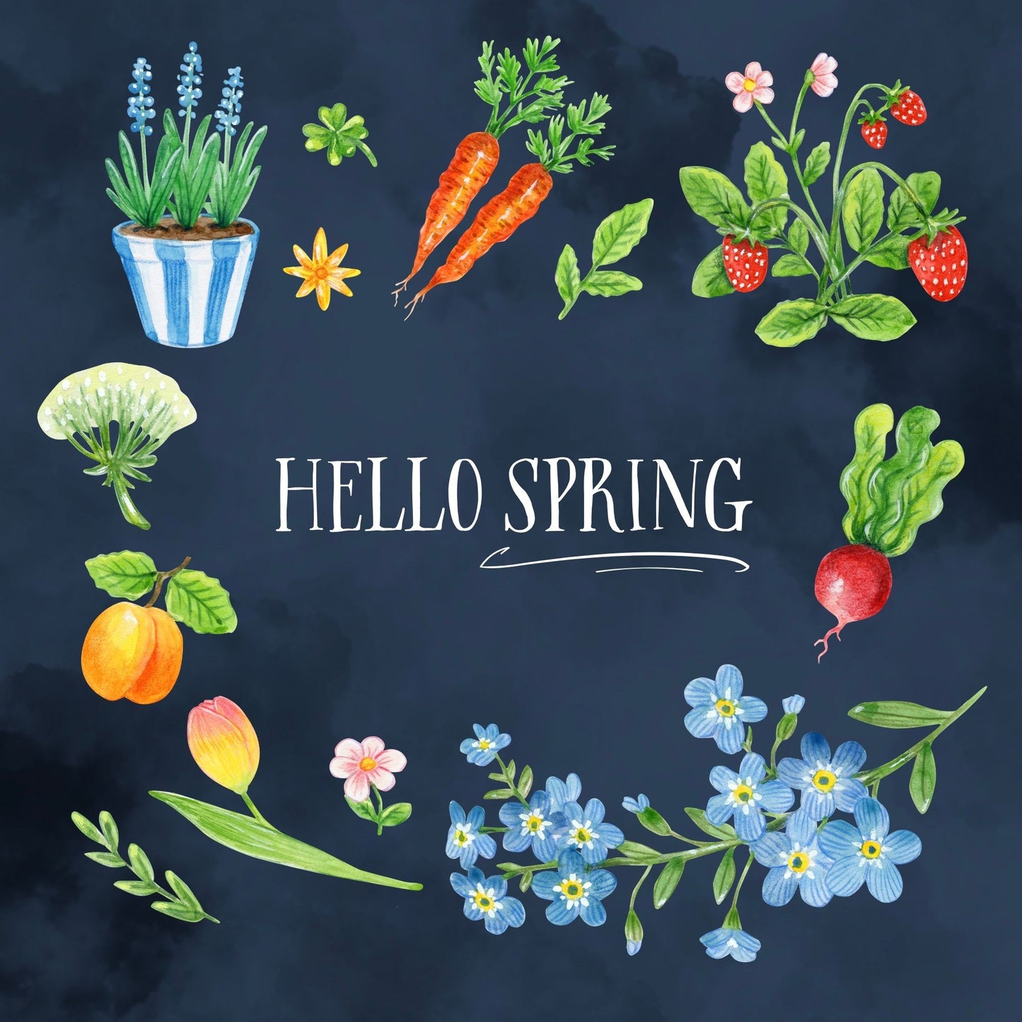 Illustrations of spring elements like flowers, fruits, and vegetables on a dark background with 'Hello Spring' text.