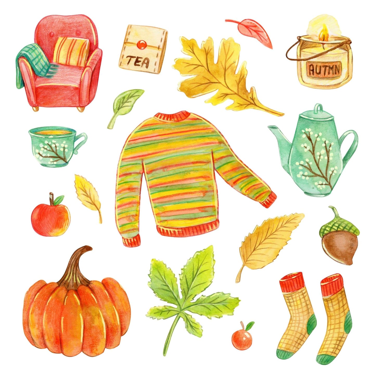 Collection of autumn-themed illustrations including a sweater, pumpkins, leaves, and a tea cup.