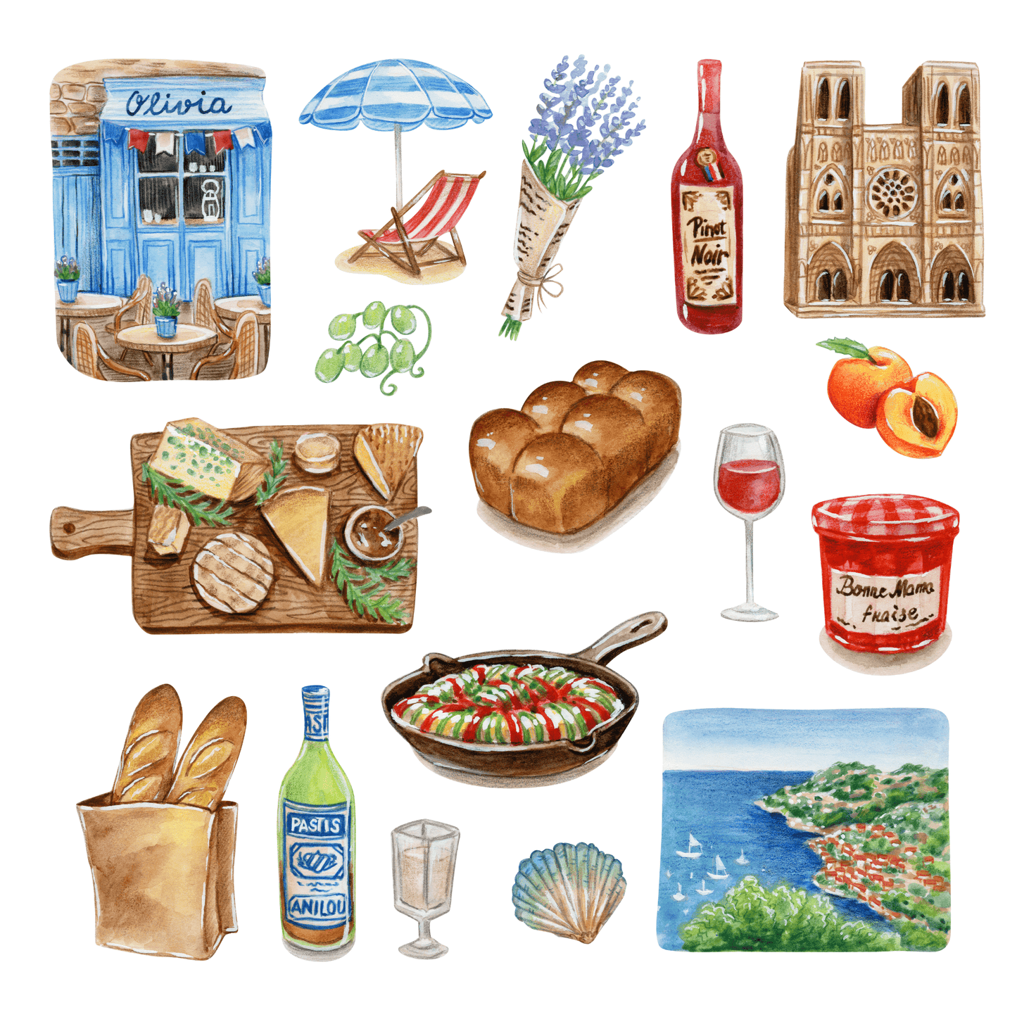 Illustrations clipart of French-themed items including bread, wine, cheese, and a cityscape.