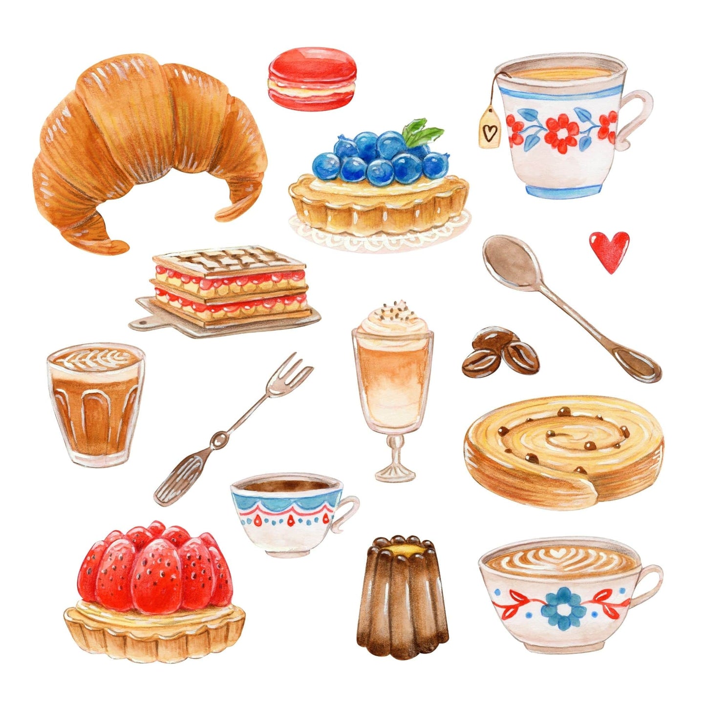 Illustrations clipart of various pastries, cakes, and coffee cups on a white background.