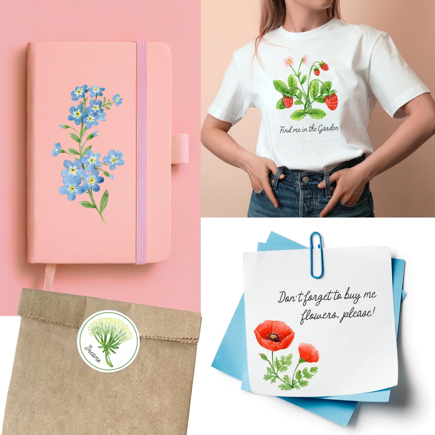 Collage of a pink notebook with floral design, a white t-shirt with plant graphic, a beige bag with a sticker, and a card with poppies and text.