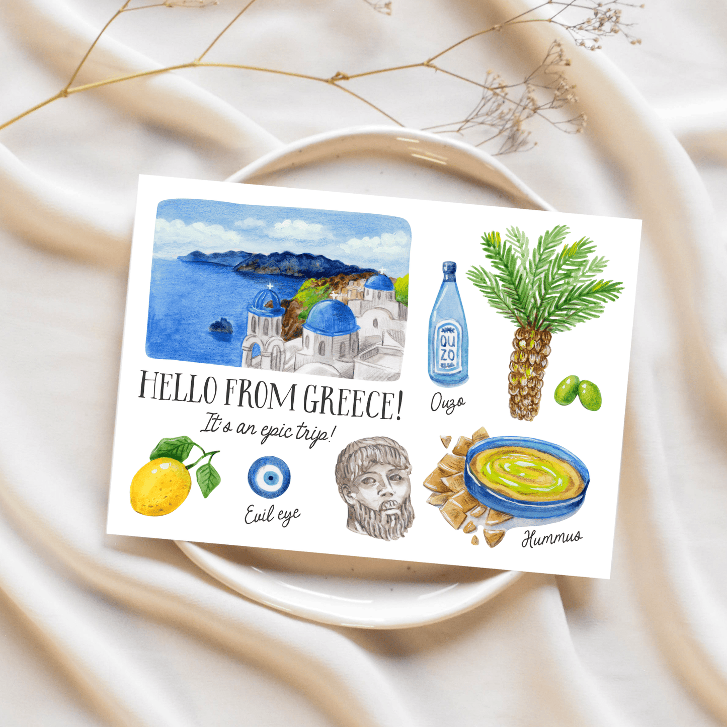 Greeting card with Greek-themed illustrations and text on a decorative background