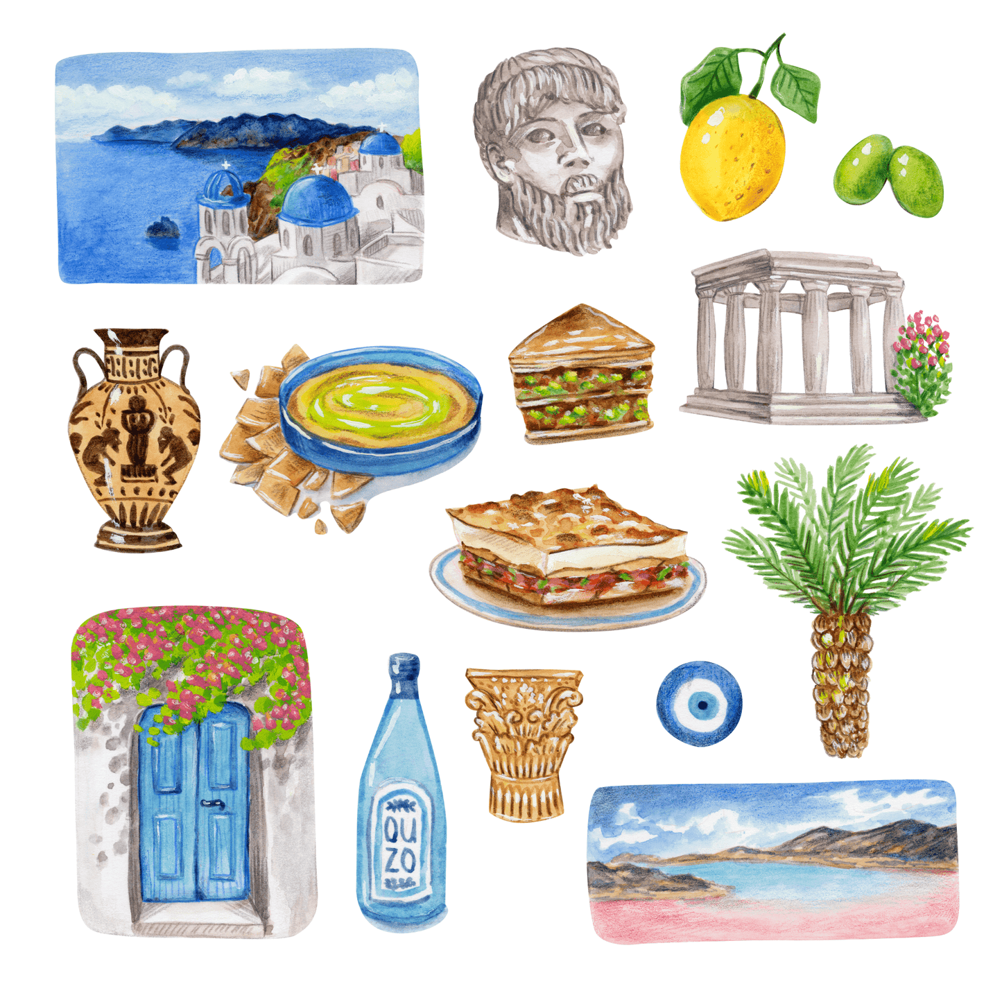 Collection of Greek-themed illustrations clipart including a blue door, food, beach and landmarks on a white background.