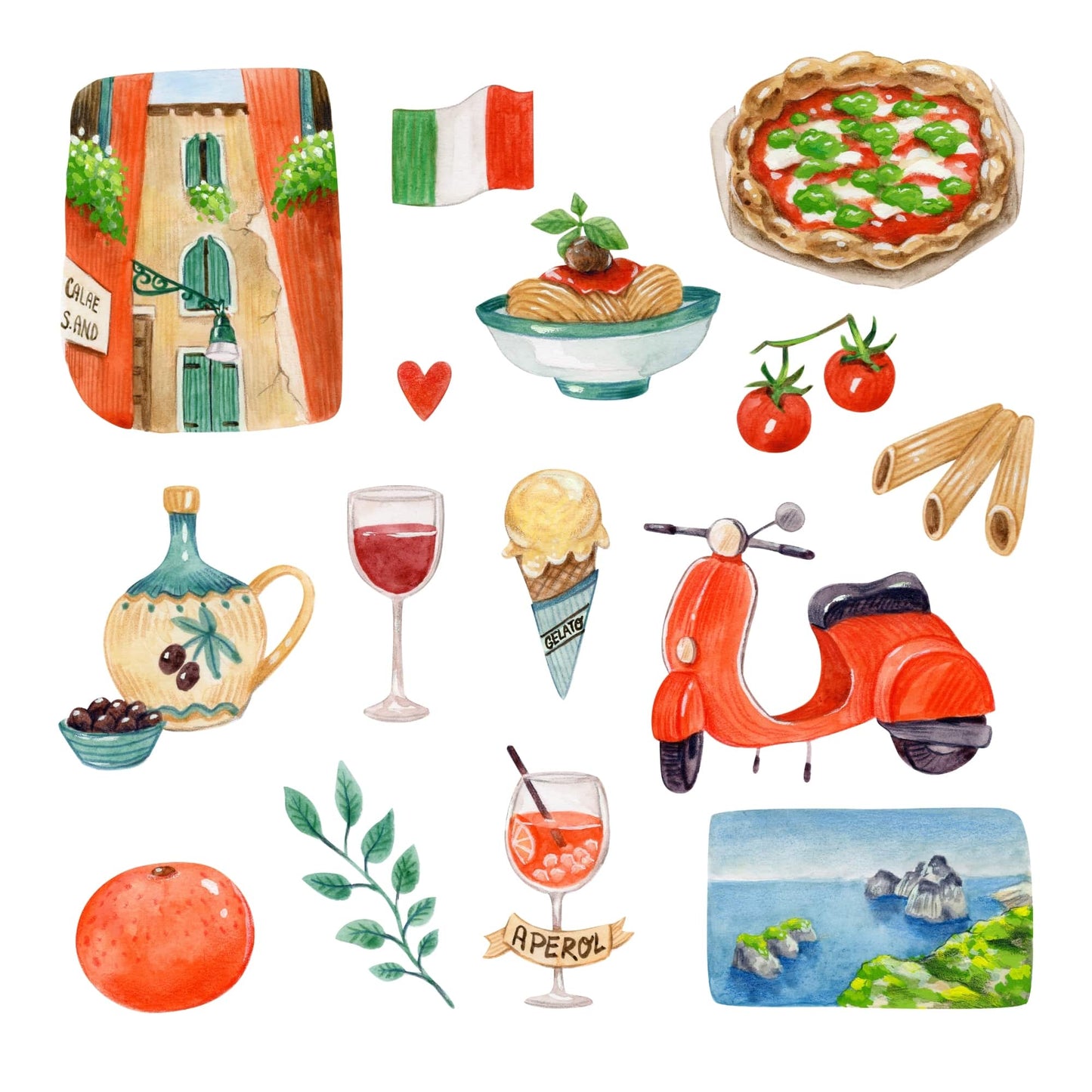Collection of Italian-themed illustrations clipart including pizza, pasta, aperol, ice cream, and a scooter on a white background.