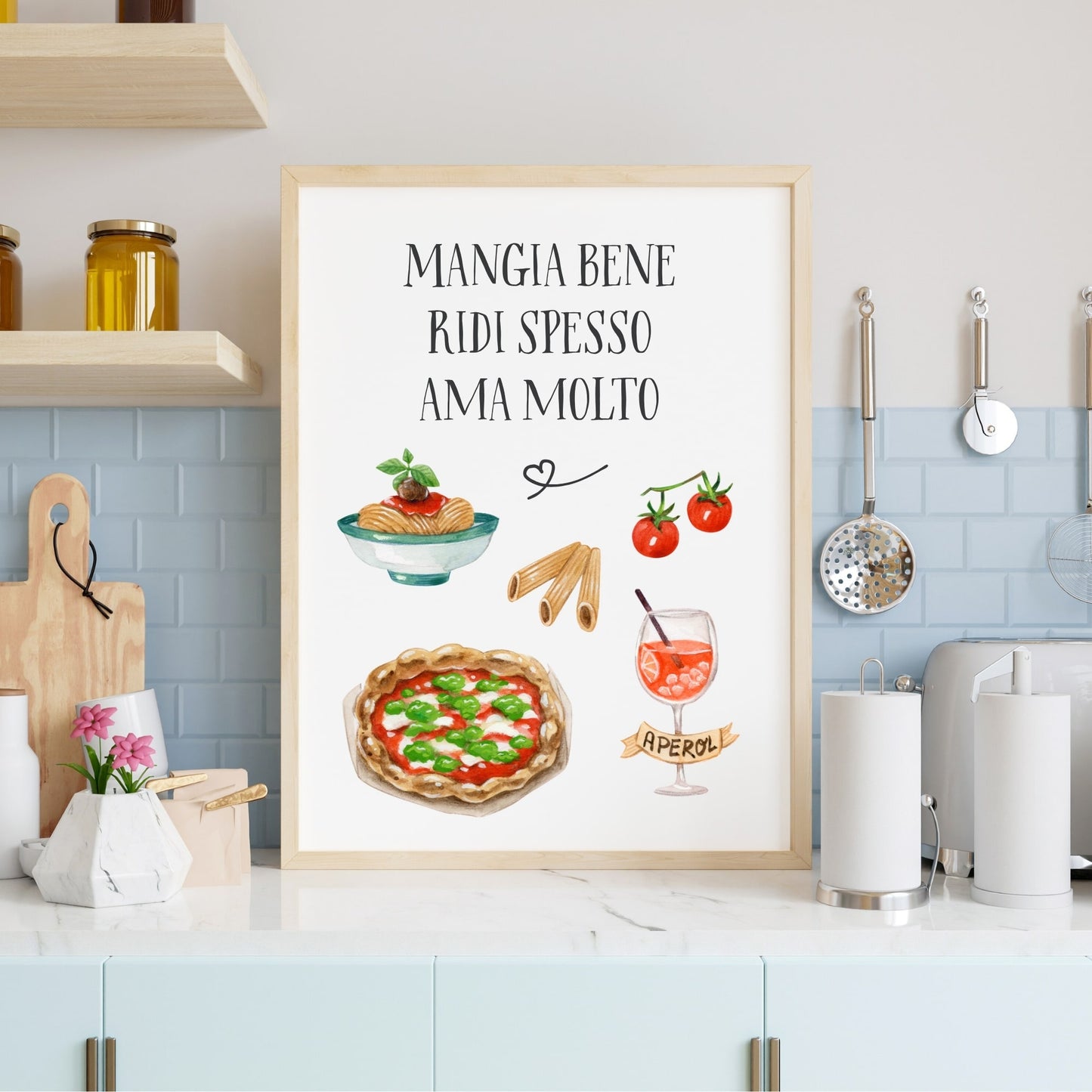 Framed poster with Italian text and food illustrations in a kitchen setting