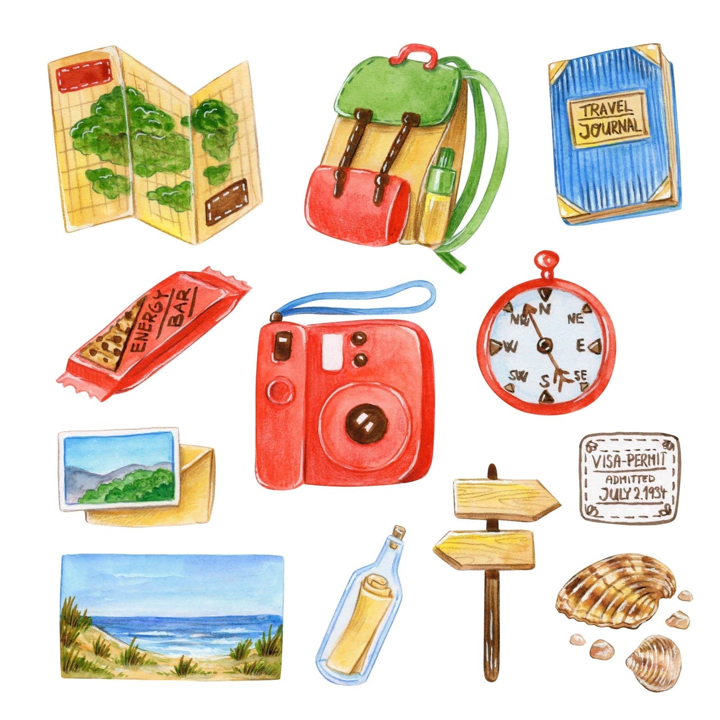 Illustrations clipart of travel-themed items including a camera, map, backpack, and travel journal on a white background.