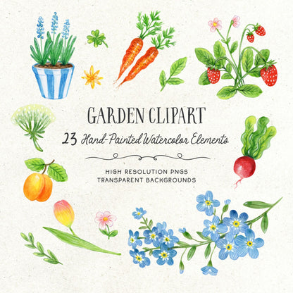 Garden clipart with hand-painted watercolor elements on a white background. Delicate watercolor clipart of spring flowers and blossoms in soft pastel tones.