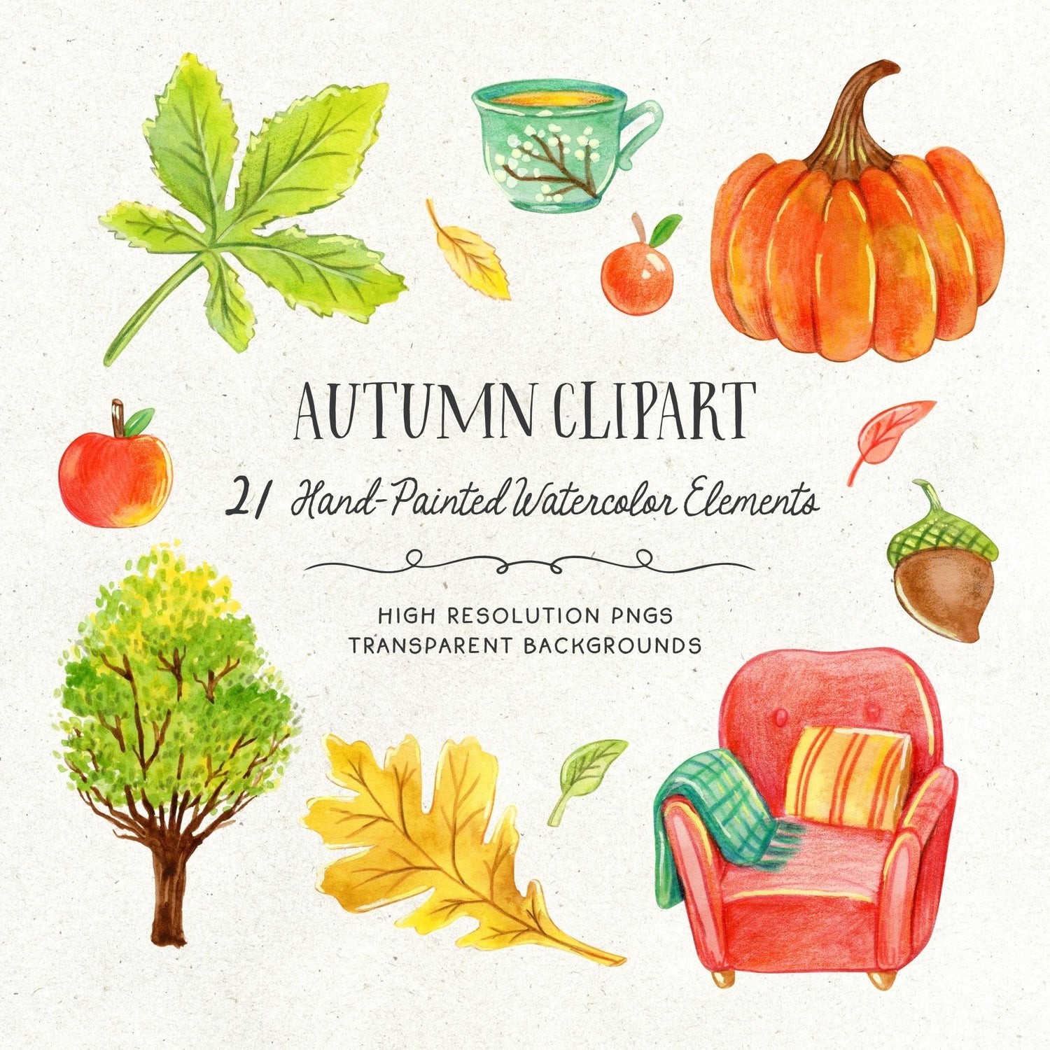 Hand-painted watercolor clipart of autumn leaves, pumpkins, seasonal foods, and cozy fall elements.