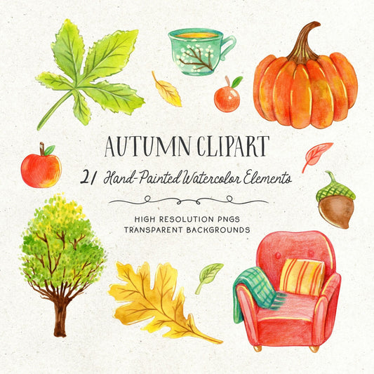 Hand-painted watercolor clipart of autumn leaves, pumpkins, seasonal foods, and cozy fall elements.