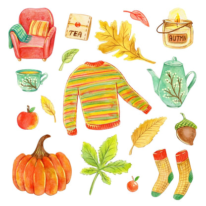 Collection of autumn-themed illustrations including a sweater, pumpkins, leaves, and a tea cup.