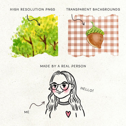 Hand-painted watercolor clipart of autumn leaves, pumpkins, seasonal foods, and cozy fall elements.
