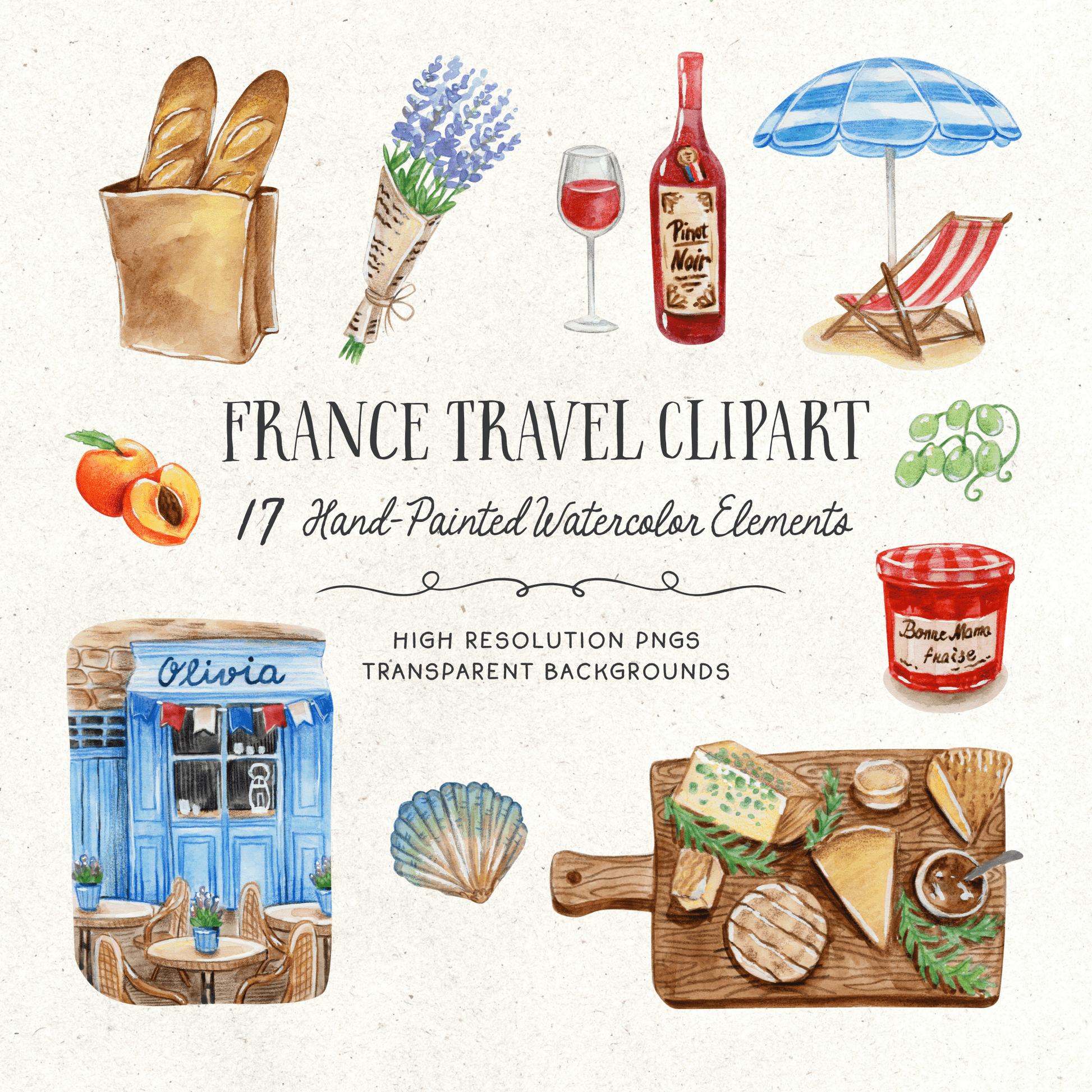 Elegant watercolor clipart featuring French landmarks, pastries, and floral elements.