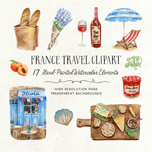Elegant watercolor clipart featuring French landmarks, pastries, and floral elements.