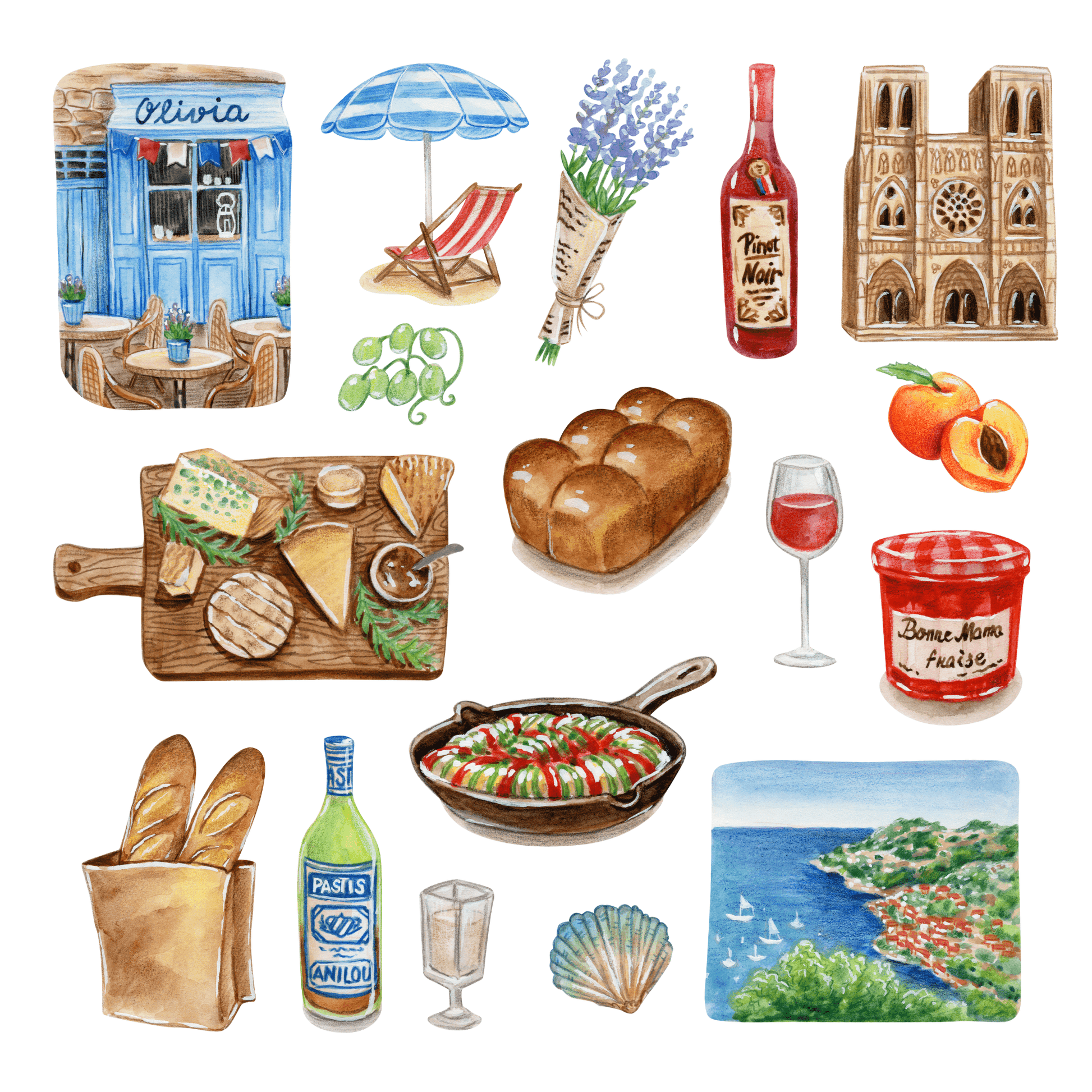Illustrations clipart of French-themed items including bread, wine, cheese, and a cityscape.