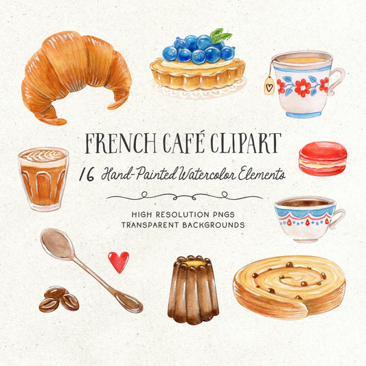 Elegant watercolor clipart featuring French landmarks, pastries, and floral elements.