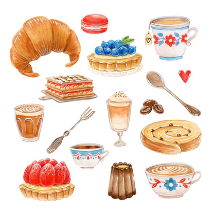 Illustrations clipart of various pastries, cakes, and coffee cups on a white background.