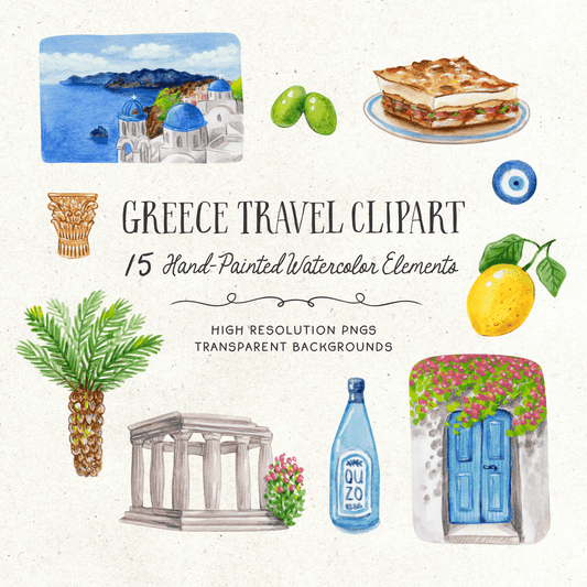 Watercolor illustrations of Greek islands, buildings, and travel motifs, digitally packaged as clipart.