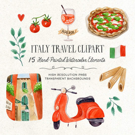 Hand-painted watercolor clipart of iconic Italian landmarks, food, and travel elements.
