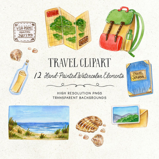 Hand-painted watercolor clipart illustrations, perfect for digital and print use in creative projects. Travel theme